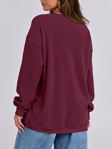 Caracilia Womens Oversized Sweatshirt Sweater Crewneck Long Sleeve Ribbed Corduroy Casual Pullover 2024 Fall Fashion Clothes Wine Red Small thumb #2