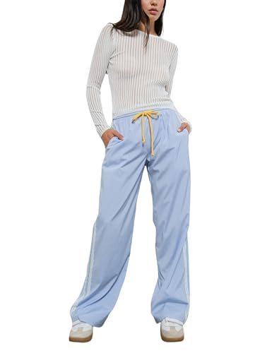 Gozoloma Women's Striped Pants Side Lace Design Wide Leg Trousers with Pockets