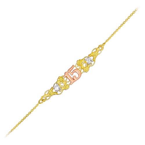 14k Tri-Color Gold Sweet 15 Anos Quinceanera Bracelet, 7