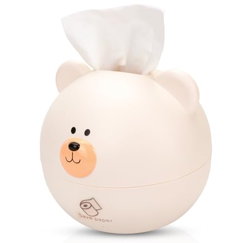 Bear Tissue Box Cover Cute Cartoon Paper Holder Facial Dispenser Organizer for Kids Living Room Bathroom Home Decor TV Stand Car Office, White Round Head Shape Toilet Tissue Container