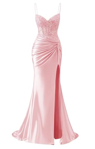 ForElise Spaghetti Strap Satin Prom Dresses 2025 Long Mermaid Lace Applique Corset Evening Gown with Slit
