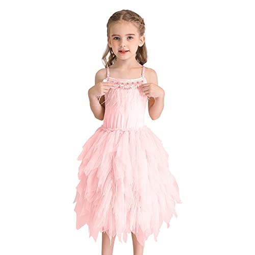 Kids Girls Spaghetti Straps Swan Feather Fringes Tulle Dress Birthday Party Ballerina Dance Short Tiered Tutu Gown2