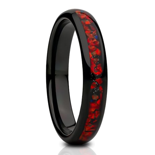 Galaxy Opal Wedding Ring, Black Tungsten 4mm Wedding Band Tungsten Carbide Comfort Fit Engagement Red Ring