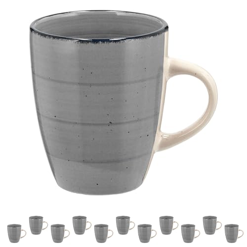 Set di 12 tazze da caffè, grigio chiaro, 360 ml, 9 x 11 cm, in gres porcellanato, con manico, tè, caffè, vin brulé, tazza in ceramica per bevande calde (1 set da 12 bicchieri grigi)