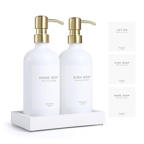 Glass Soap Dispenser with Pump and Concrete Tray | Vintage Soap Dispenser Bathroom and Kitchen Set with Dish Soap, Hand Soap, Lotion Waterproof Labels (White Gold/White Tary)