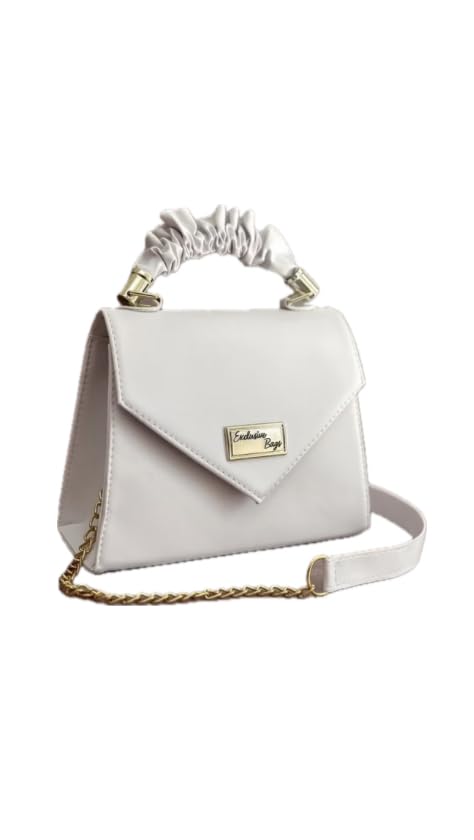 Bolsa Exclusive Bags Elegante com Alça Franzida, Branco, Alça de Corrente Dourada