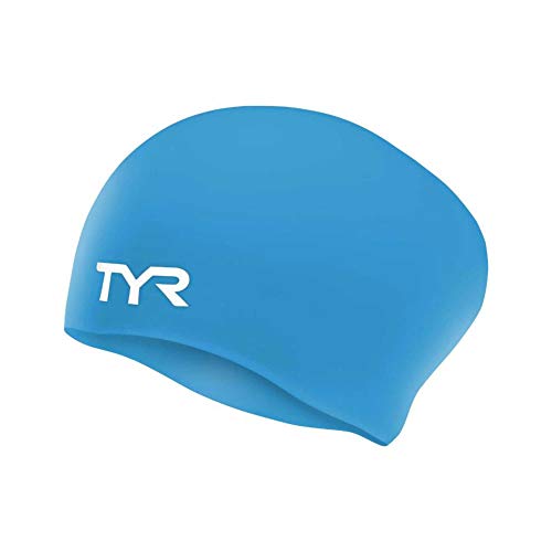 TYR Long Hair Wrinkle-Free Silicone Swim Cap, Blue