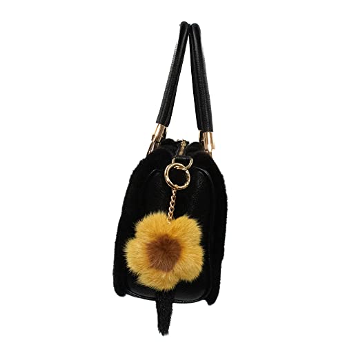 Surell Real Mink Fur Sunflower Keychain Charm - Fluffy Yellow Flower Key Chain Fob - (Yellow And Brown) #TOP1
