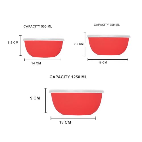 Image of Microwave Safe Stainless Steel Food Storage Container with Lid | Euro Mixing Bowl Set for Kitchen | 500ml, 800ml, 1250ml | Pack of 3 | Leak-Proof (Red Plain 3)