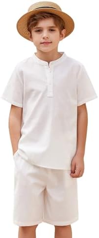 Arshiner Boy&#39;s 2 Pieces Cotton Linen Set Casual Henley Shirts Short Sleeve Beach Shorts Summer Outfits for 5-12 Years Kids