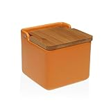 Salero original cerámica cuadrado con tapa madera12x12x12 cm (Naranja)