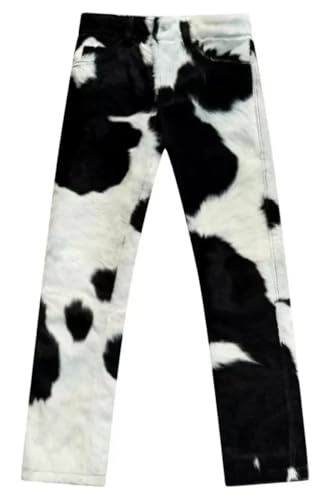 Men's Genuine Cowhide Leather Natural Hair on Cow Print Pony Skin Jean Natural Western Rodeo Biker Pant (US, Waist, 34, Regular, Black & White)