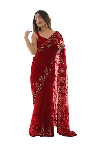 Red designer net saree party wear for women muslim sari