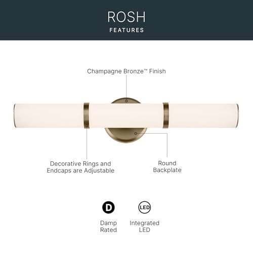 Image of Kichler Rosh 24.25 inch LED Bathroom Vanity Light Fixture with White Glass in Champagne Bronze, Modern Minimalist Bath Bar for Mirror, Dimmable (24.25 inch W x 5 inch H), 55188CPZLED