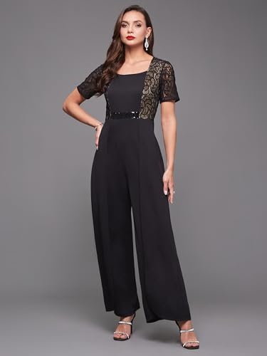 Image of Miss Chase Women's Halter Neck Sleeveless Solid Wide Leg Sequin Paneled Regular Length Jumpsuit