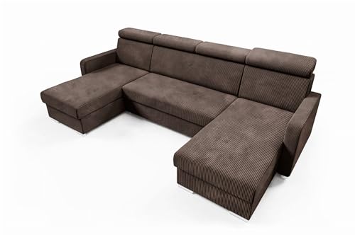 LIKMA Canapé d'angle en U Chocolat 274x165 cm Mako avec lit 254x125 cm, Coffre, têtières réglables, canapé-lit avec Rangement, Grand canapé Convertible