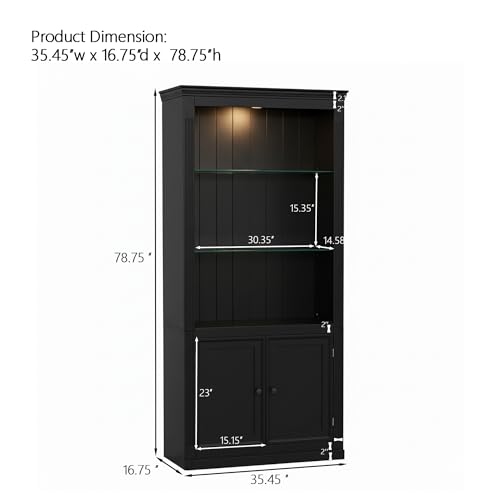 Merax Black Narrow Bookshelf 35" Wide 79" MDF Tall Bookcase Collection Books Storage Cabinet with Adjustable 5 Colors Ceiling Light for Living Room, Home Office, Studio by Merax - Image 3