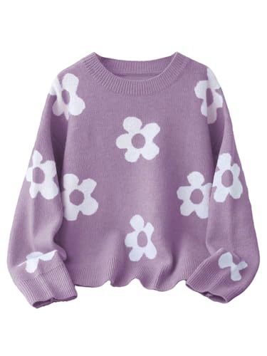 Image of RoseSeek Girl's Bow Graphic Sweaters Crewneck Long Sleeve Knit Pullover Tops Drop Shoulder Knitwear