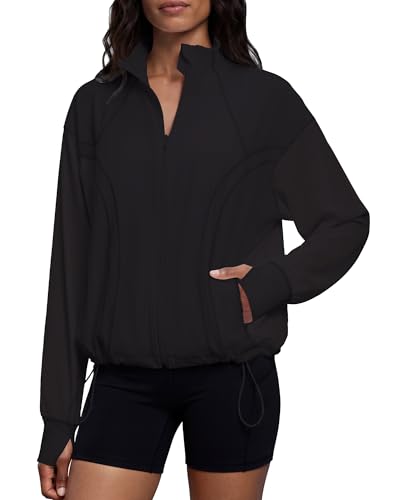 Gacaky Womens Lightweight Full Zip Athletic Jacket Oversized Yoga Workout Jacket Windbreaker Jacket Hiking Outdoor Pockets Black S