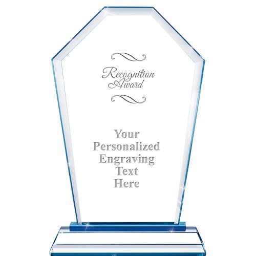 Crown Awards Personalized Recognition Award Crest Blue Base Custom Engraved Crystal Trophy Award