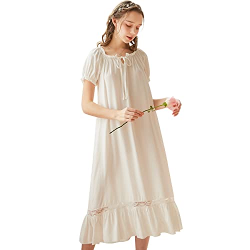Lapaya Women's Victorian Nightgown Cotton Lace Trim Vintage Sleepwear Short Sleeve Sleepshirts, White, Medium #TOP27