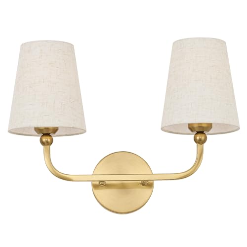 Image of 2-Light Bathroom Light Fixtures, Brushed Gold Vanity Lights, Double Wall Sconce with Linen Fabric Shade, Modern Sconces Wall Lighting for Hallway Bedroom Stairway, VL837-BG-A-2