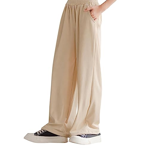 Betadog Girls Wide Leg Pants with Pockets - Elastic High Waist Straight Leg Loose Solid Pants for Kids Outdoor 3-12 Years3
