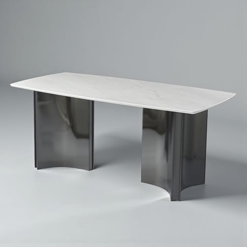 Image of The Attic Modern Marble Dining Table, White Stone Top, Glossy Black Metal Base, 6 Seater Dining Table for Home & Office