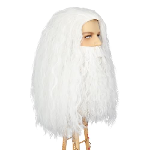 PORSMEER Long White Curly Wig and Beard Santa Beard Wig Set White King Costume Wigs for Men Halloween Christmas Party Sorcerer Prophet Costume Accessory - Image 3
