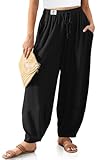 TARSE Women’s Linen Harem Pants Wide Leg Boho Casual Trousers Loose Fit Lounge Beach Travel Pants(Black,M)