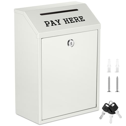 Yaocom Safe Metal Cash Box for Farm Stand – Money Drop and Secure Donation Collection, Wall Mount Lockable Unit with Pre Drilled Holes for Outdoor Self Serve(White,11.8 x 8.6 x 4.7 Inch) by Yaocom - Used condition - US$29.20
