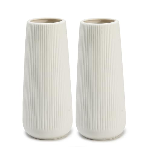 Image of Ceramic Vase for Flower, Pampas Grass Vase, 7.8''H Ribbed, White, 2pcs