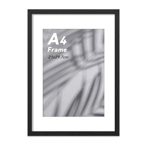 YONGHUO A4 Frame 1 Pack Wooden A4 Picture Frames Black A4 Frames 21 x 29.7cm with Plexiglass Wall Hooks Stand and Mat for Tabletop or Wall Hanging Black