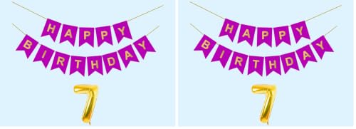 Image of 7th Happy Birthday Decoration Kit Purple for 7 year Old Boys Girls Kids with Number Seven Party Decorations Decor Celebration Items Item Set Combo Reusable Paper Banner (Pack of 2)