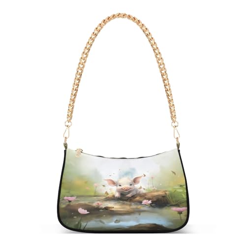 Shoulder Bags for Women Pig with Pink Flowers in Creek Hobo Tote Handbag Small Clutch Purse with Zipper Closure