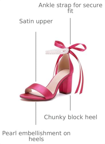 Image of Women's Open Toe Pearl Wedding Shoes for Bride High Heels Sandals Satin Bridal Block Chunky Heels Ankle Strap Prom Evening Party Pumps