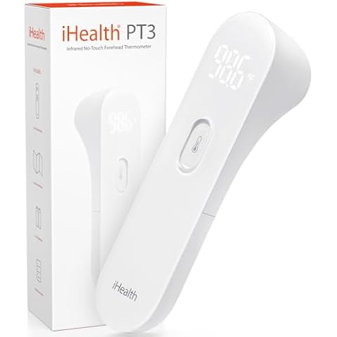 iHealth No-Touch Forehead Thermometer, Infrared Digital Thermometer for Adults and Kids, Touchless Baby Thermometer, 3 Ultra-Sensitive Sensors, Large LED Digits, Quiet Vibration Feedback, Non Contact Cover