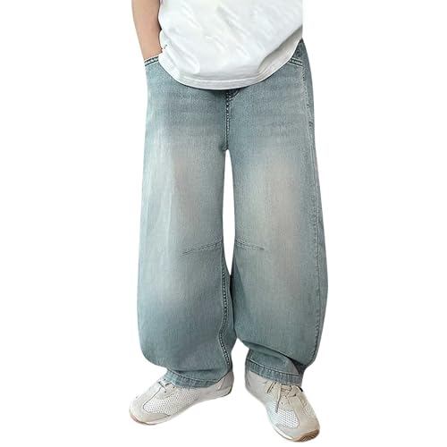 Baggy Jeans Boys Straight Wide Leg Denim Pants Teens Elastic Waist Distressed Trousers with Pockets Y2K Streetwear