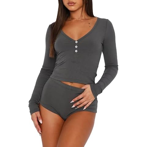 REVETRO Fall Women's Short Long Sleeve Y2k Button-Down Pajama Sets Sexy Crop Top Lounge Set Sleepwear Grey M Cover