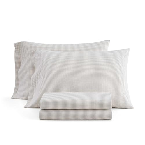 Image of Martha Stewart - King Size Sheets Set, Crisp & Tailored Cooling Sheets with a Naturally Smooth Cotton Percale Lightweight Feel - Bed Sheets with Matching Pillowcases & Fitted Sheet (Gingham Beige)