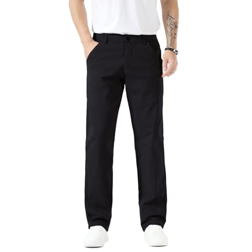 Plaid&Plain Men's Khaki Pants Stretchy Straight Fit with Side Pocket and Elastic Waistband
