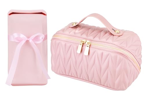 Misvivaus Makeup Bag, Cosmetic Bag for Women, Travel Makeup Bag organizer, Gifts of Women,Open Lay Flat Checkered Makeup Bag,New Premium Fashion Toiletry Make Up Bag (Stylish Pink)