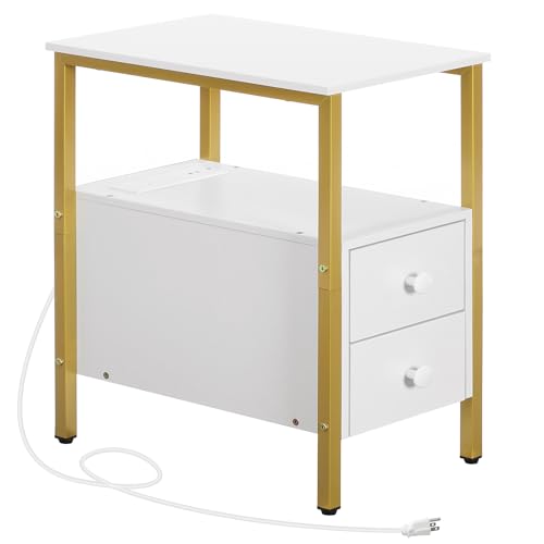HOOBRO HOOBRO End Table with Charging Station, Narrow Side Table with 2 Drawer & USB Port & Power Outlets, Nightstand for Small Spaces, Stable and Sturdy, for Living Room, Bedroom, Gold and White D