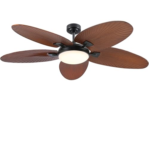 PHORUS 62" Large Waterproof Outdoor Palm Leaf Ceiling Fans with Lights and Remote,Wet Rated Tropical Ceiling Fans Light for Patios Porch Gazebo Pergola,6 Speeds Reversible