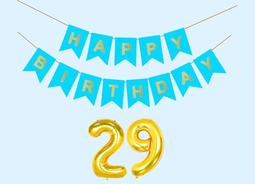 Image of 29th Sky Blue Happy Birthday Decoration Kit for 29 year Old Boys Girls Men Women with Number Twenty-nine Party Decorations Decor Celebration Items Item Set Combo Reusable Paper Banner
