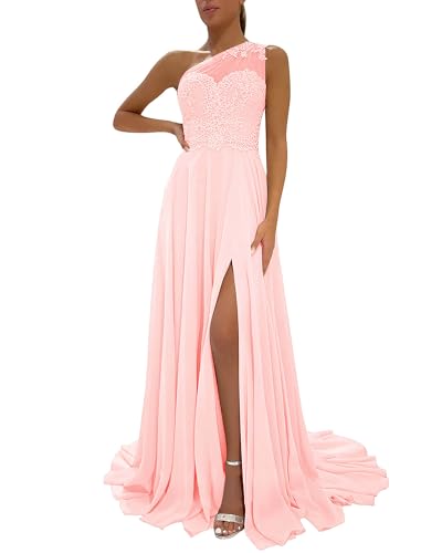 Image of LANGKAAO One Shoulder Lace Bridesmaid Dresses Long for Wedding A-Line Chiffon Slit Formal Party Gown with Pockets