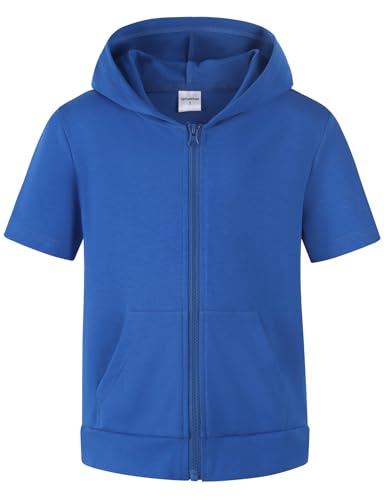 Spring&Gege Boys Lightweight Full Zip Hoodies Short Sleeve Hooded Sweatshirt, Royal Blue, Size 13-14 Years