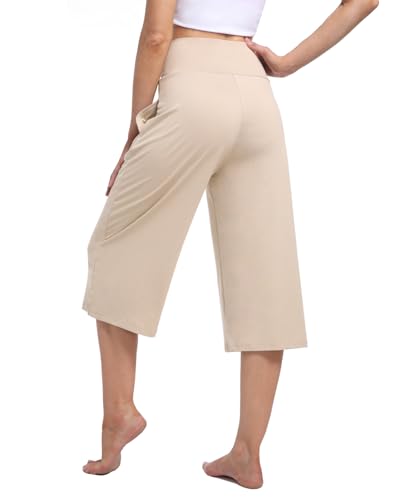 Image of Kivdol 3 Pack Womens Wide Leg Yoga Capris Crossover High Waist Casual Capri Pants Loose Soft Pajama Pockets Sweatpants