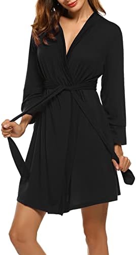 Hotouch Womens Bathrobe Soft Kimono Cotton Knit Robe Sleepwear Black S
