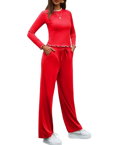 Gardenwed Women's Two-Piece Lounge Set, Long Sleeve Top and Wide Leg Pants with Pocket Casual Comfort Outfit Red XL